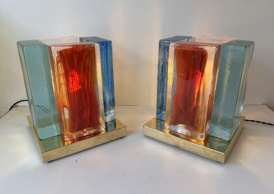 Contemporary Pair of Lamps Cubic Pennellate Murano Glass and Brass Italy