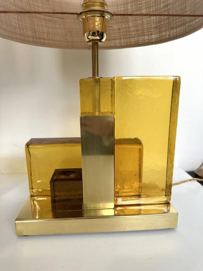 Contemporary Pair of Lamps Cubic Yellow Amber Murano Glass and Brass Italy