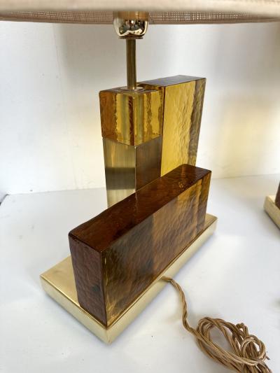 Contemporary Pair of Lamps Cubic Yellow Amber Murano Glass and Brass Italy