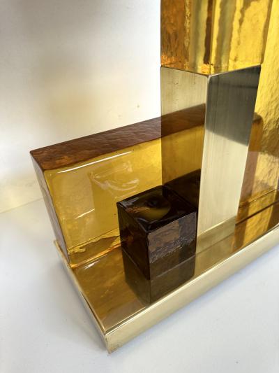 Contemporary Pair of Lamps Cubic Yellow Amber Murano Glass and Brass Italy