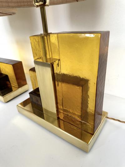 Contemporary Pair of Lamps Cubic Yellow Amber Murano Glass and Brass Italy