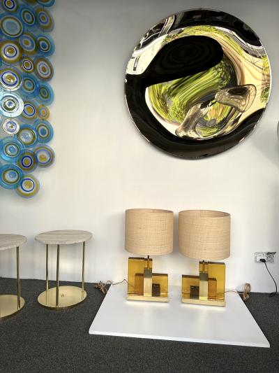 Contemporary Pair of Lamps Cubic Yellow Amber Murano Glass and Brass Italy