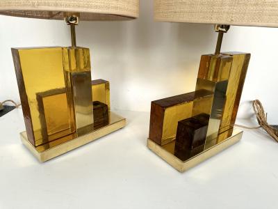 Contemporary Pair of Lamps Cubic Yellow Amber Murano Glass and Brass Italy