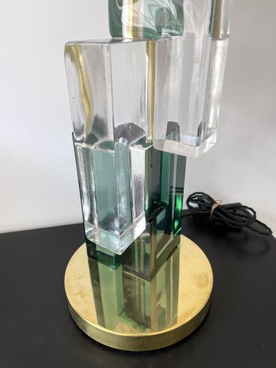 Contemporary Pair of Lamps Green Cubic Murano Glass and Brass Italy