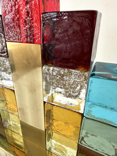 Contemporary Pair of Lamps Multicolors Cubic Murano Glass and Brass Italy