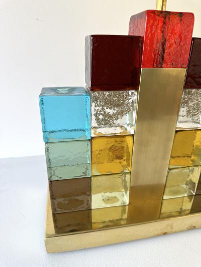 Contemporary Pair of Lamps Multicolors Cubic Murano Glass and Brass Italy