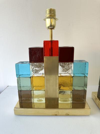 Contemporary Pair of Lamps Multicolors Cubic Murano Glass and Brass Italy