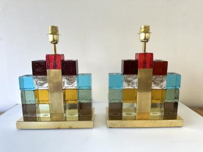 Contemporary Pair of Lamps Multicolors Cubic Murano Glass and Brass Italy