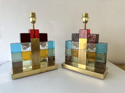 Contemporary Pair of Lamps Multicolors Cubic Murano Glass and Brass Italy