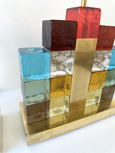 Contemporary Pair of Lamps Multicolors Cubic Murano Glass and Brass Italy