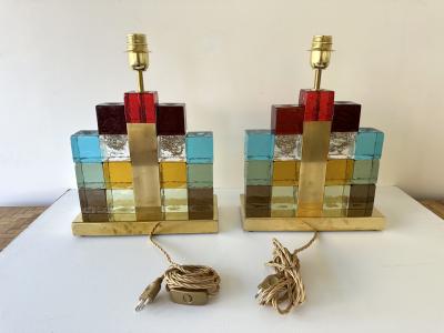 Contemporary Pair of Lamps Multicolors Cubic Murano Glass and Brass Italy