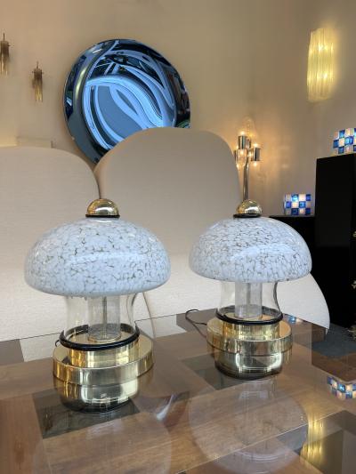 Contemporary Pair of Murano Glass and Brass Mushroom Lamps Italy