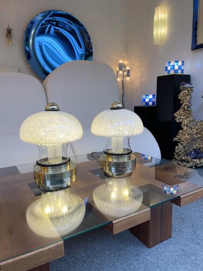 Contemporary Pair of Murano Glass and Brass Mushroom Lamps Italy