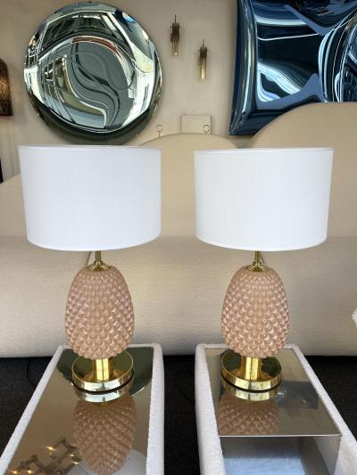 Contemporary Pair of Pink Pineapple Murano Glass and Brass Lamps Italy
