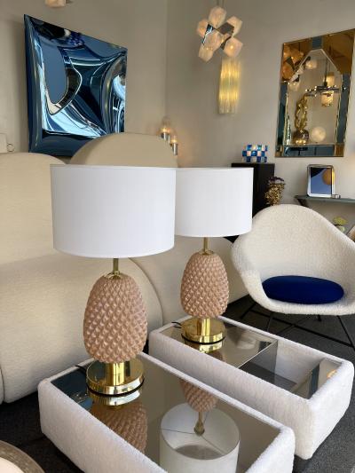 Contemporary Pair of Pink Pineapple Murano Glass and Brass Lamps Italy