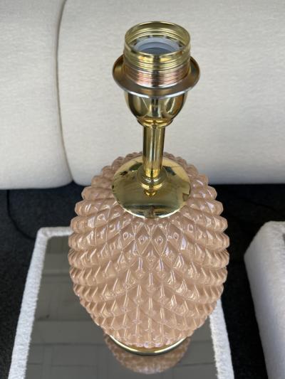Contemporary Pair of Pink Pineapple Murano Glass and Brass Lamps Italy