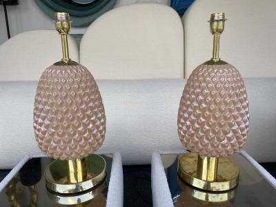 Contemporary Pair of Pink Pineapple Murano Glass and Brass Lamps Italy