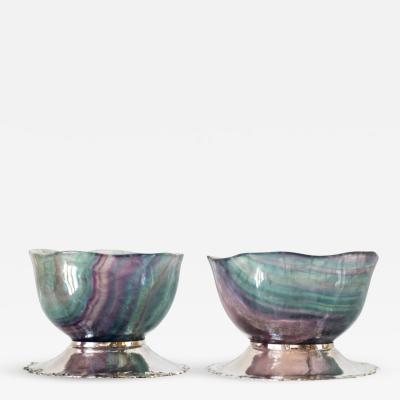 Contemporary Pair of Purple Blue Banded Fluorite Bowls with 925 Silver Bases