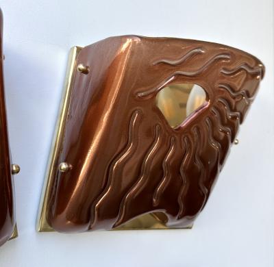 Contemporary Pair of Red Eyes Murano Glass and Brass Sconces Italy