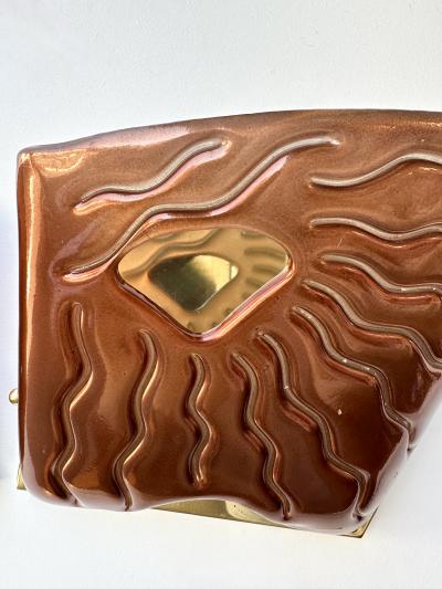 Contemporary Pair of Red Eyes Murano Glass and Brass Sconces Italy