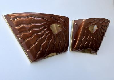 Contemporary Pair of Red Eyes Murano Glass and Brass Sconces Italy