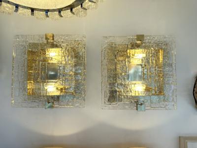 Contemporary Pair of Sconces Brass and Murano Glass Textured Blade Italy