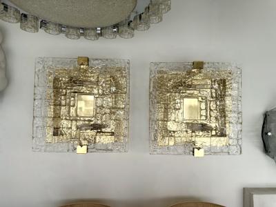 Contemporary Pair of Sconces Brass and Murano Glass Textured Blade Italy