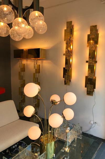Contemporary Pair of Sconces Geometrical Brass Murano Glass Italy