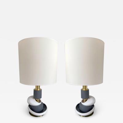 Contemporary Pair of Sculptural Brass Ceramic Stone Lamps Italy