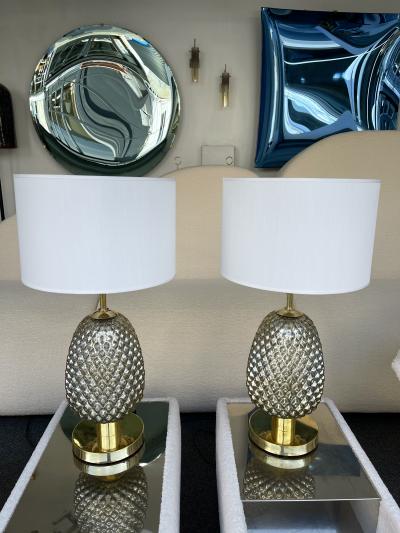Contemporary Pair of Silver Gold Pineapple Murano Glass and Brass Lamps Italy