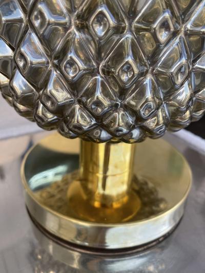 Contemporary Pair of Silver Gold Pineapple Murano Glass and Brass Lamps Italy
