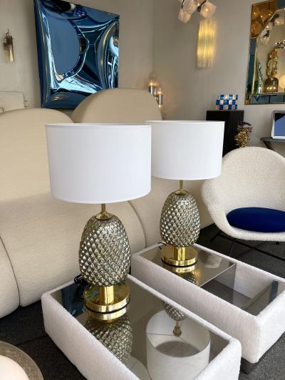 Contemporary Pair of Silver Gold Pineapple Murano Glass and Brass Lamps Italy