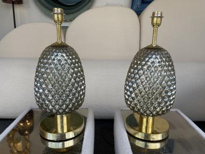 Contemporary Pair of Silver Gold Pineapple Murano Glass and Brass Lamps Italy