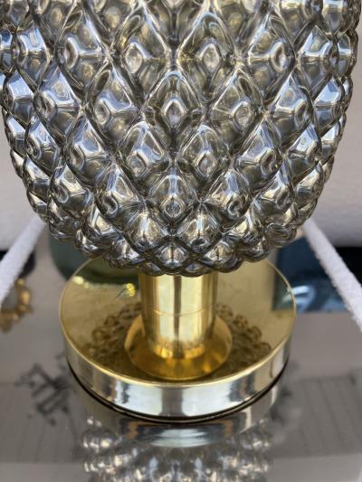 Contemporary Pair of Silver Gold Pineapple Murano Glass and Brass Lamps Italy