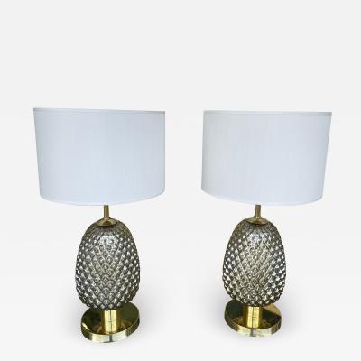 Contemporary Pair of Silver Gold Pineapple Murano Glass and Brass Lamps Italy