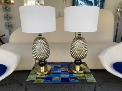 Contemporary Pair of Silver Gold Pineapple Murano Glass and Brass Lamps Italy