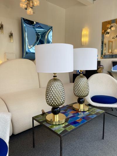 Contemporary Pair of Silver Gold Pineapple Murano Glass and Brass Lamps Italy