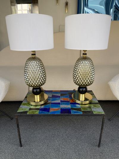 Contemporary Pair of Silver Gold Pineapple Murano Glass and Brass Lamps Italy