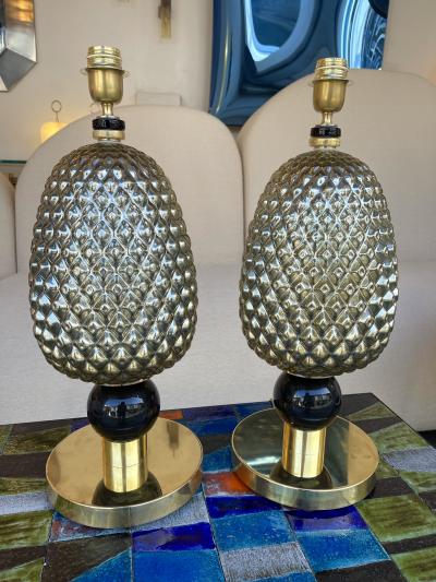 Contemporary Pair of Silver Gold Pineapple Murano Glass and Brass Lamps Italy