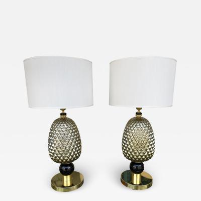 Contemporary Pair of Silver Gold Pineapple Murano Glass and Brass Lamps Italy