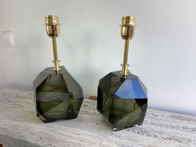 Contemporary Pair of Stone Diamond Murano Glass and Brass Lamps Italy