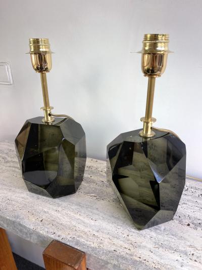 Contemporary Pair of Stone Diamond Murano Glass and Brass Lamps Italy