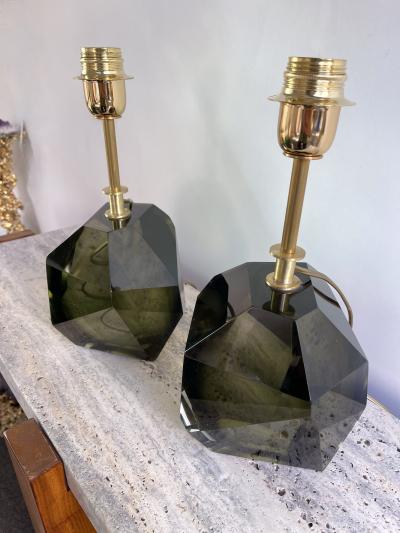 Contemporary Pair of Stone Diamond Murano Glass and Brass Lamps Italy