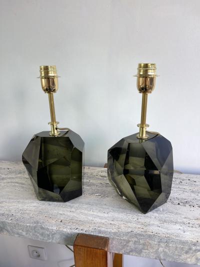 Contemporary Pair of Stone Diamond Murano Glass and Brass Lamps Italy