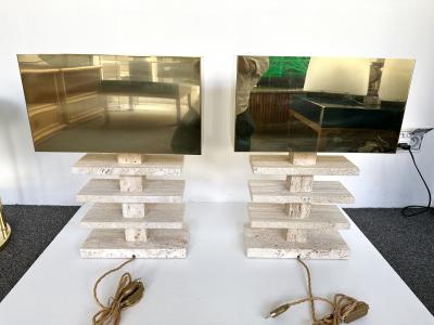 Contemporary Pair of Travertine Blade Lamps and Brass Shades Italy