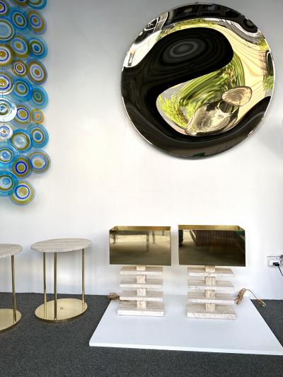 Contemporary Pair of Travertine Blade Lamps and Brass Shades Italy