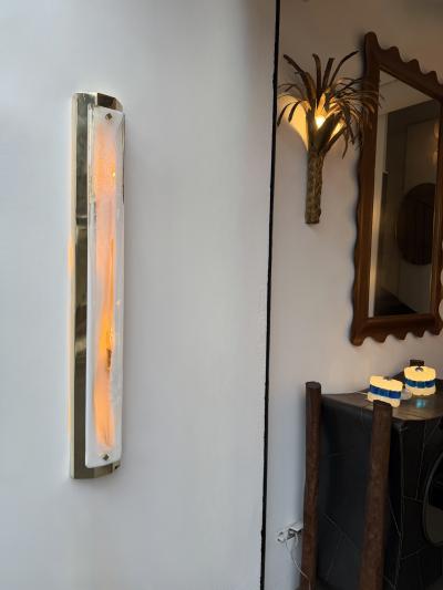 Contemporary Pair of White Pennellate Murano Glass and Brass Sconces Italy