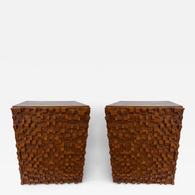 Contemporary Pair of Wood Marquetry Cube Bedside Tables Italy