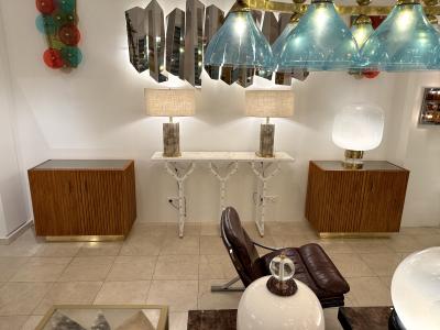 Contemporary Pair of Wood Pliss Brass Mirror Buffets Cabinets Italy