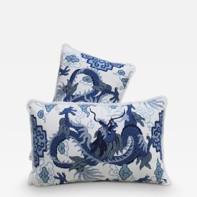 Contemporary Pillow Pair in Cotton and Blue Dragon Print